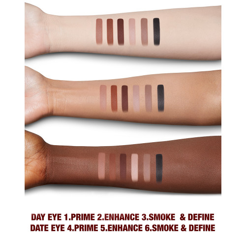 Fair, tan, and deep-tone arms with swatches of six nude matte eyeshadows in shades of brown, pink, and black. 
