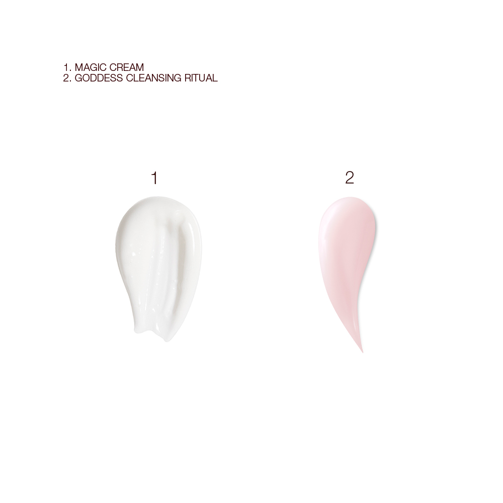 Swatches of a pearly-white face cream and a pink-coloured three-in-one cleansing balm.