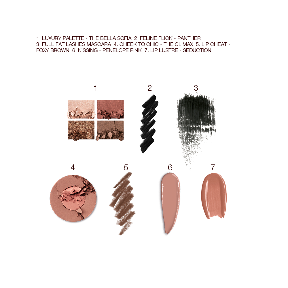 Swatches of a quad eyeshadow palette in matte and shimmery nude brown shades, black eyeliner and black mascara, two-tone blush in brown and warm pink, lip liner in taupe-brown, lipstick in nude peach, and lip gloss in brown-peach. 