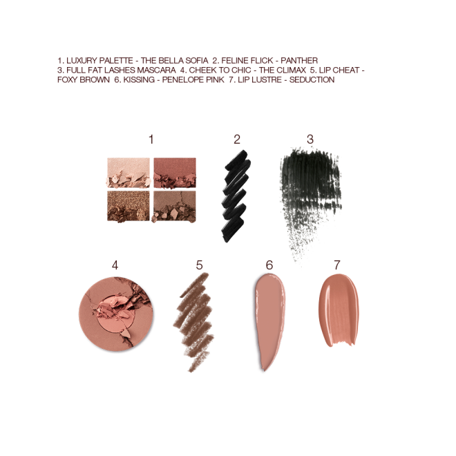 Swatches of a quad eyeshadow palette in matte and shimmery nude brown shades, black eyeliner and black mascara, two-tone blush in brown and warm pink, lip liner in taupe-brown, lipstick in nude peach, and lip gloss in brown-peach. 