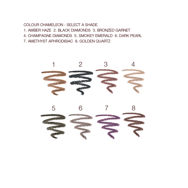 Swatches of eight eyeshadow sticks in amber, smokey red, black, champagne, dark green, grey, dark purple, and golden-brown.