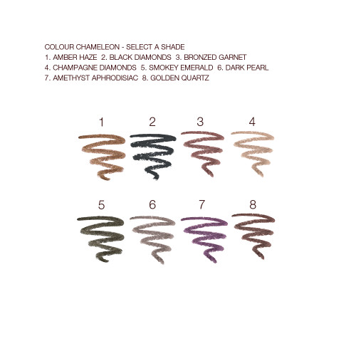 Swatches of eight eyeshadow sticks in amber, smokey red, black, champagne, dark green, grey, dark purple, and golden-brown.