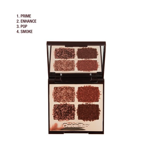 An open quad eyeshadow palette with metallic and matte shades of pearlescent rose gold, dusky rose, berry brown and rose-bud pink.