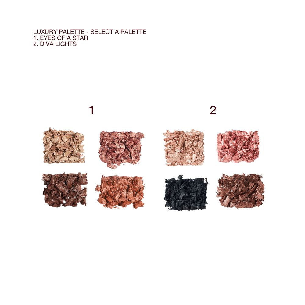 Swatches of two, quad eyeshadow palettes in matte and shimmery shades in brown, gold, black, pink, and copper. 