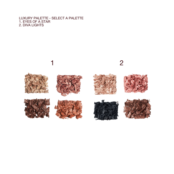 Swatches of two, quad eyeshadow palettes in matte and shimmery shades in brown, gold, black, pink, and copper. 