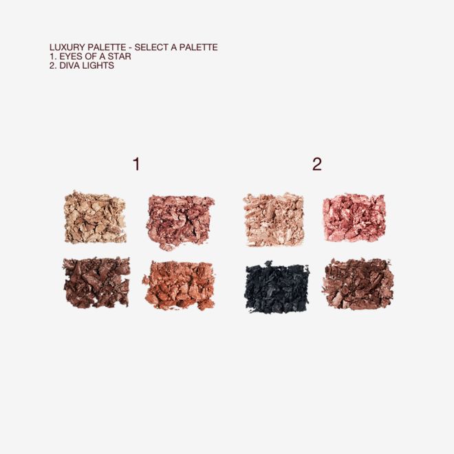 Luxury Palette swatches Swatches of two, quad eyeshadow palettes in matte and shimmery shades in brown, gold, black, pink, and copper.