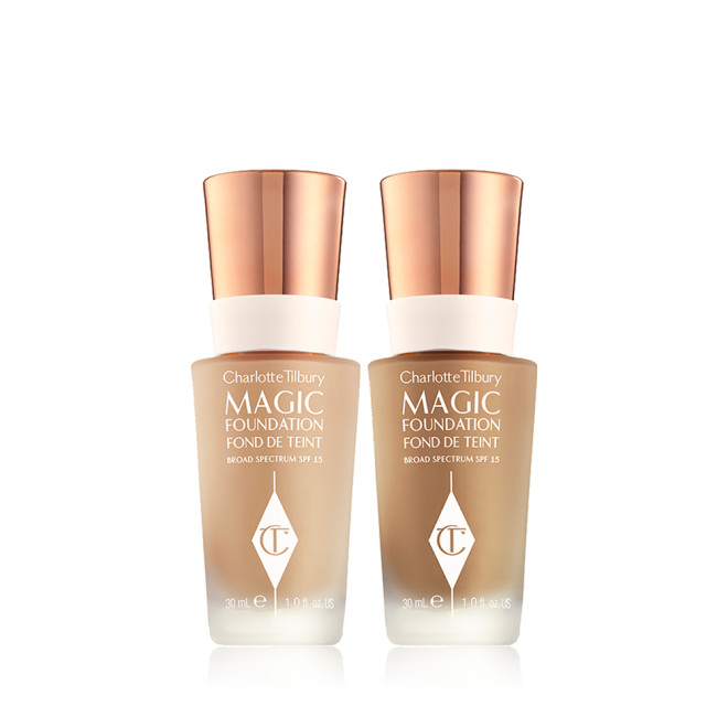 Two, identical foundations in glass bottles with rose-gold-coloured lids. 
