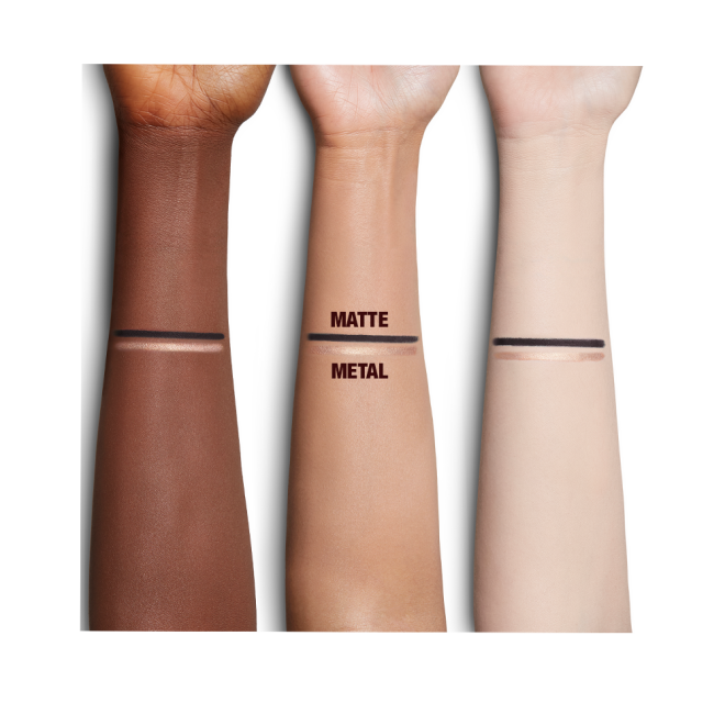 Fair, medium, and deep-tone arms with swatches of a duo eyeliner pencil in black and champagne-beige shades. 