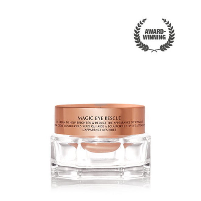 An award-winning, fawn-coloured eye cream in a petite glass jar with a gold-coloured lid.