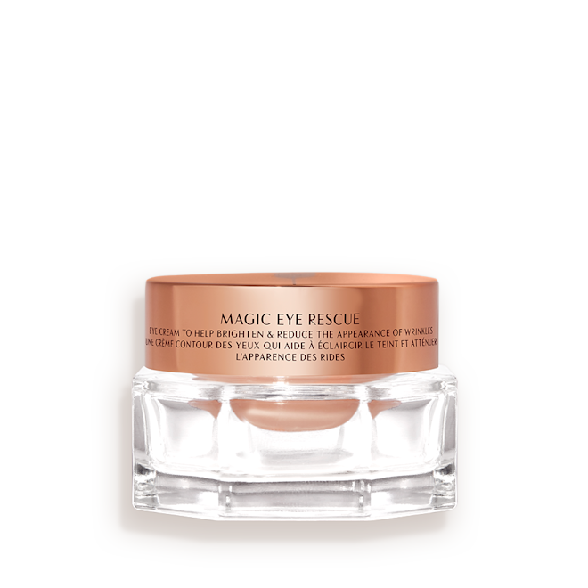 Magic Eye Rescue closed An award-winning, fawn-coloured eye cream in a petite glass jar with a gold-coloured lid.