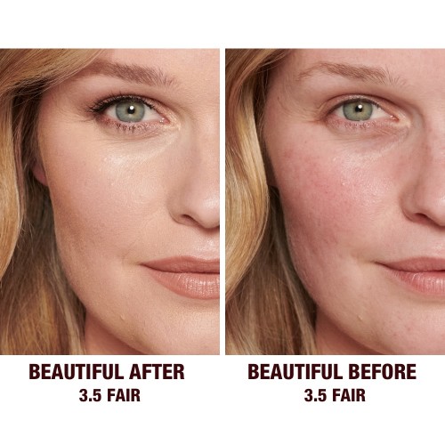 Before and after of a fair-tone model without any makeup in the before shot and then wearing a radiant, concealer that brightens, covers blemishes, and makes her skin look fresh along with nude lip gloss and subtle eye makeup.