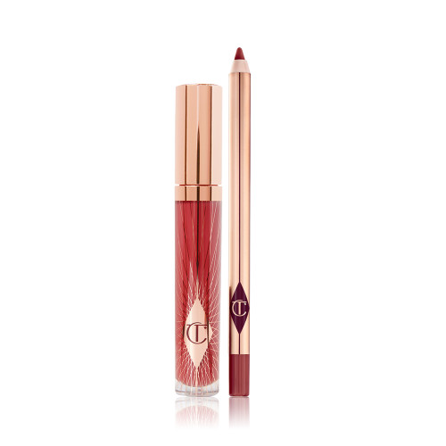 Lip gloss in a glass tube with a gold-coloured lid and lip liner pencil in berry-pink colours.