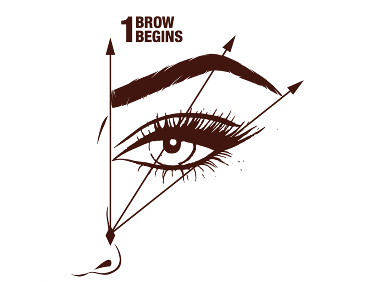 An illustration on how to fill and line your eyebrows with an eye and nose drawn along with arrows pointing at the start and end of the brow.