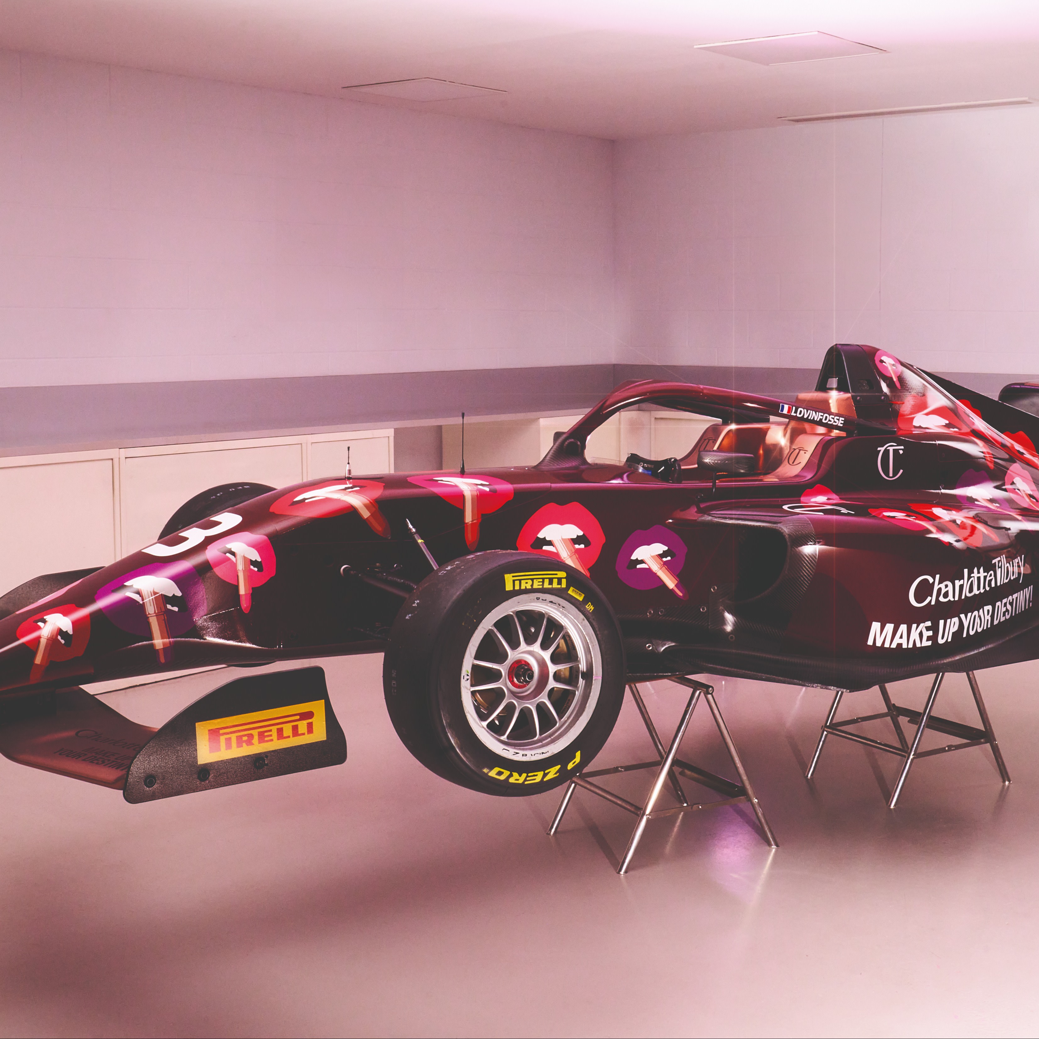 Charlotte Tilbury x F1 Academy branded car with Hot Lips print