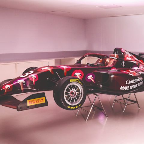 Charlotte Tilbury x F1 Academy branded car with Hot Lips print