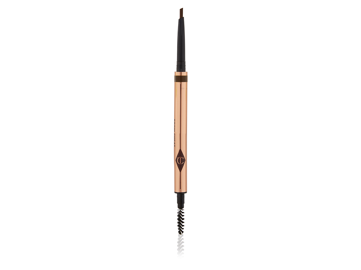 A double-ended eyebrow pencil and spoolie brush duo with gold-coloured packaging.