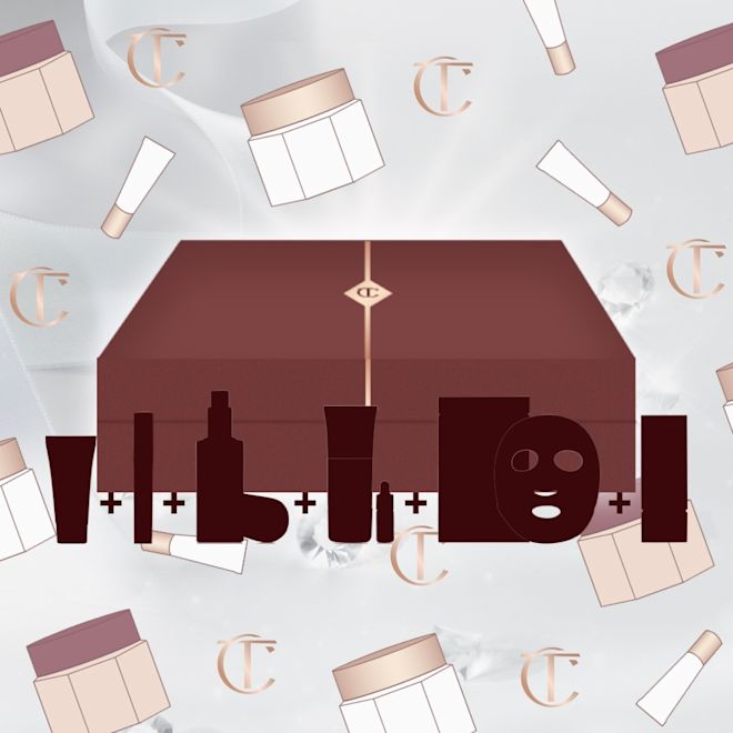 Mystery Box banner Banner with a brown-red-coloured gift box with illustrations of six skincare and makeup mystery items that are included in it.