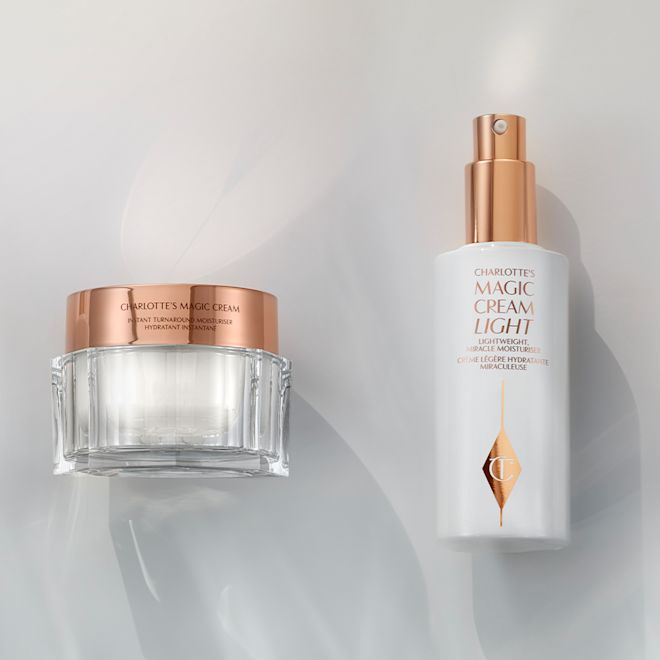 Magic Cream and Magic Cream light A thick pearly-white face cream in a glass jar with a gold-coloured and a face cream in a white-coloured bottle with a pump dispenser.