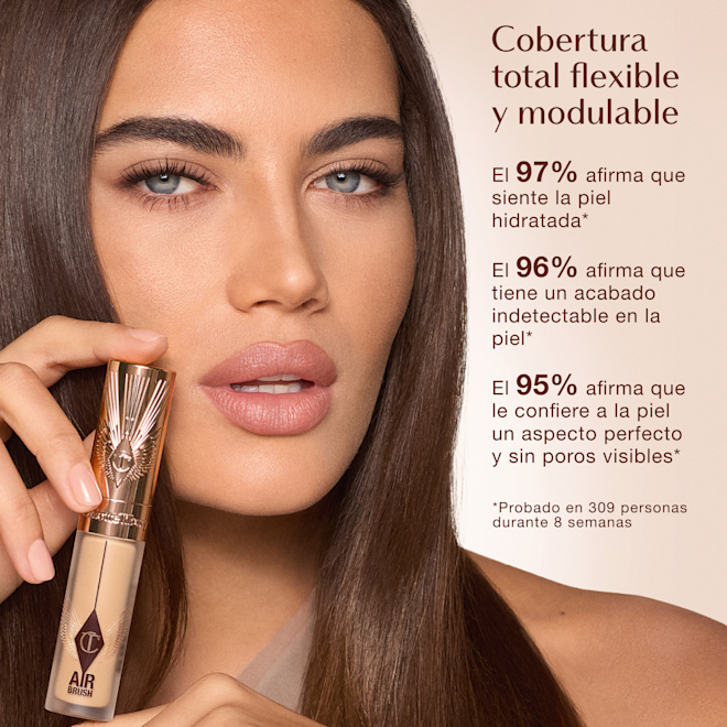 Infografía de resultados clínicos del Airbrush Flawless Concealer Corrector Charlotte Tilbury Airbrush Flawless Concealer junto a sus beneficios: 97% afirma que la piel se siente hidratada, 96% afirma que tiene un acabado invisible y natural, 95% afirma que le da a la piel un aspecto perfecto y sin poros visibles. Probado en 309 personas durante 8 semanas.