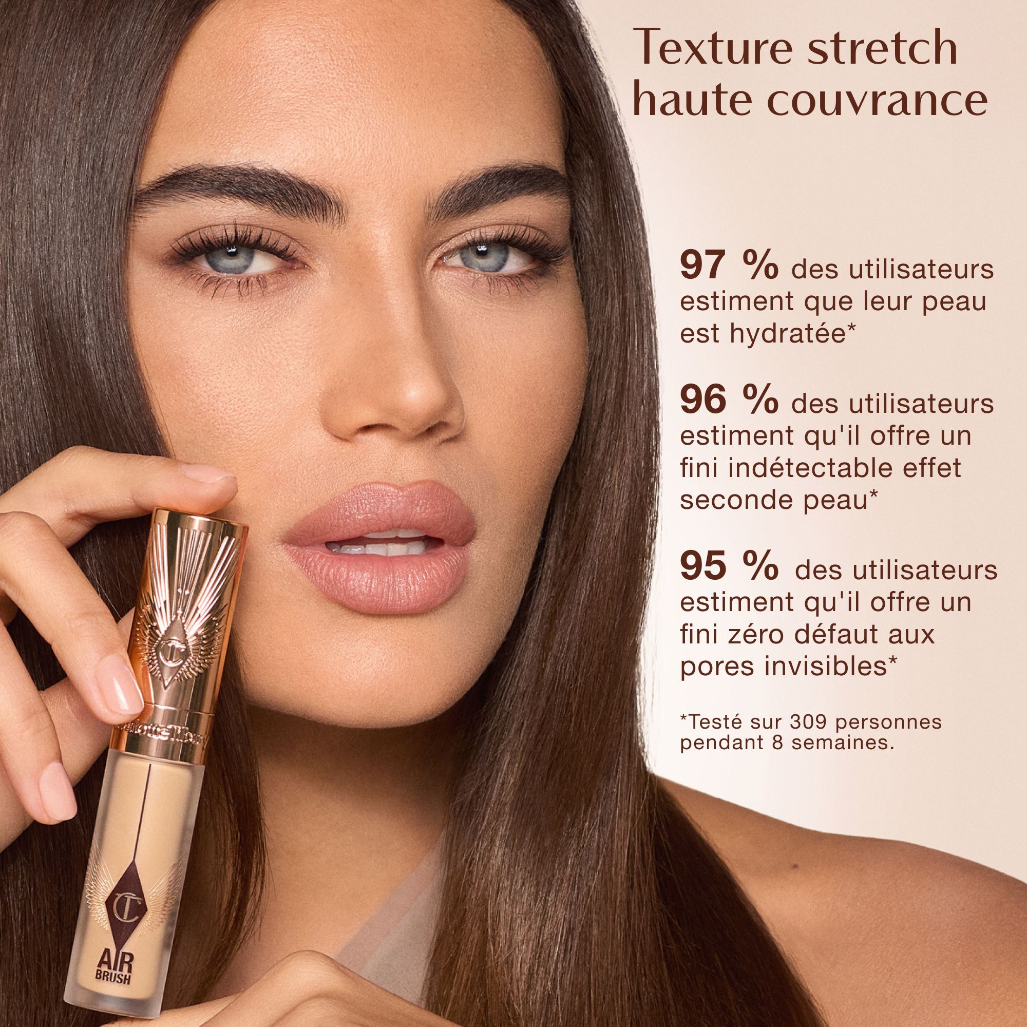Airbrush Flawless Concealer de Charlotte Tilbury présenté avec un texte qui met en avant ses bienfaits : 97 % des utilisateurs estiment que leur peau est hydratée, 96 % des utilisateurs estiment qu'il présente un fini indétectable effet seconde peau, 95 % des utilisateurs estiment qu'il offre une peau zéro défaut aux pores invisibles. Testé sur 309 personnes pendant 8 semaines.