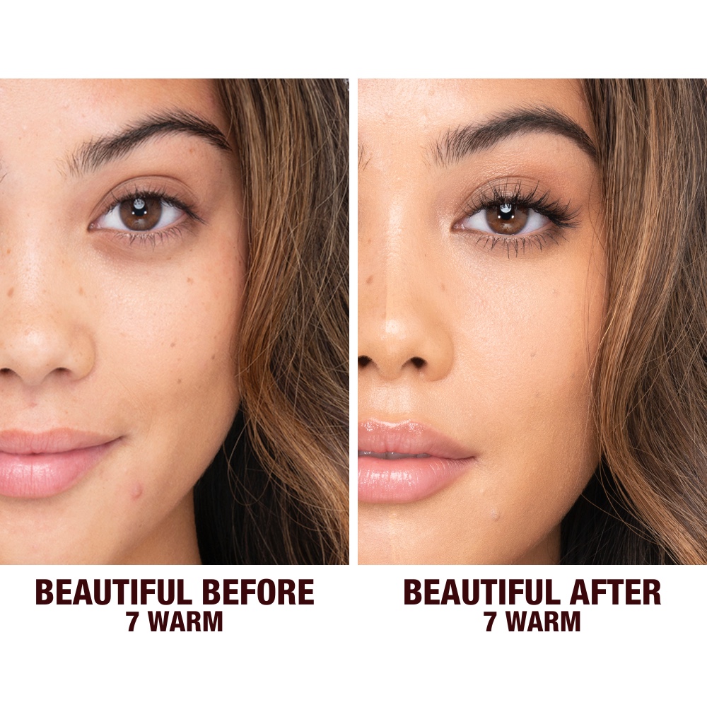 Before and after shots of a deep-tone model without any makeup and then wearing glowy, flawless skin, wearing skin-like foundation that adds a youthful glow and looks natural along with nude pink lipstick and subtle everyday eye makeup.