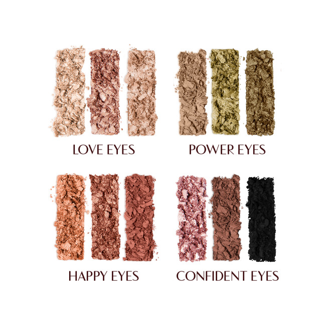Swatches of twelve matte and shimmery eyeshadows in shades of gold, brown, green, peach, pink, red, and black.