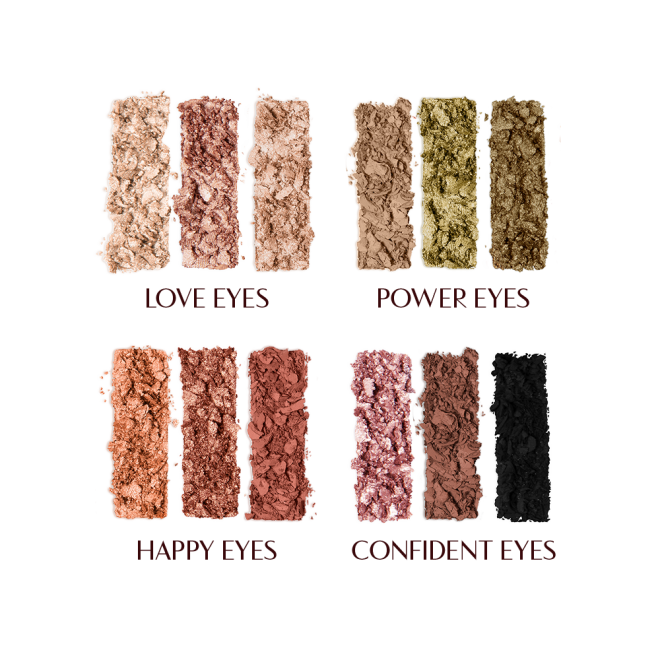 Swatches of twelve matte and shimmery eyeshadows in shades of gold, brown, green, peach, pink, red, and black.