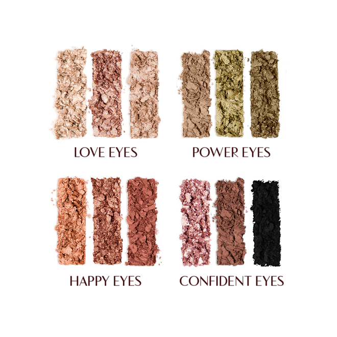 Instant Eye Palette in Smokey Eyes Are Forever swatches Swatches of twelve matte and shimmery eyeshadows in shades of gold, brown, green, peach, pink, red, and black.