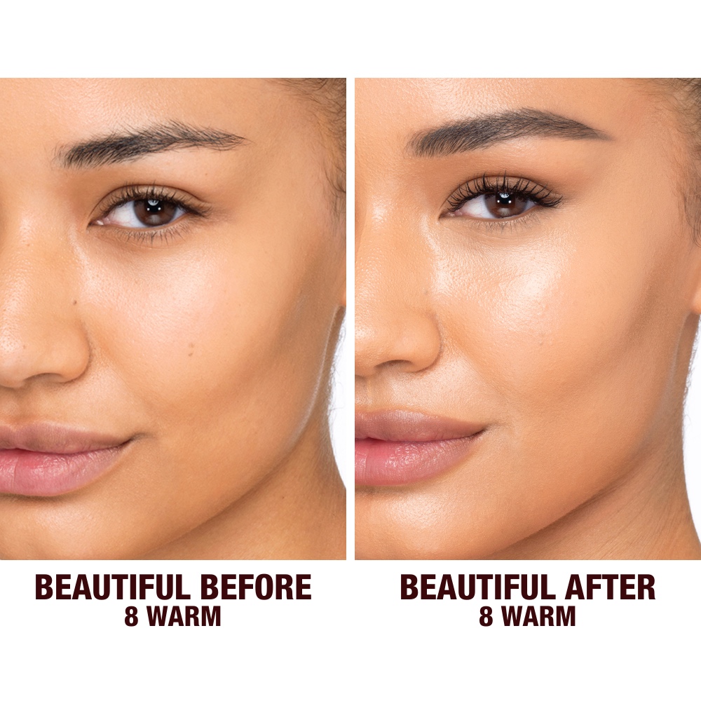 Before and after shots of a deep-tone model without any makeup and then wearing glowy, flawless skin, wearing skin-like foundation that adds a youthful glow and looks natural along with nude pink lipstick and subtle everyday eye makeup.