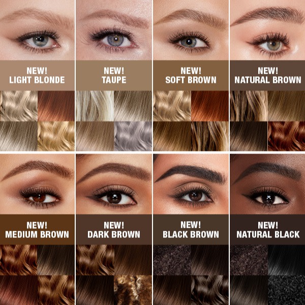 Eye close-ups of eight models with lined, filled, and shaped eyebrows in light blonde, taupe, soft brown, natural brown, medium brown, dark brown, black-brown, and natural black.