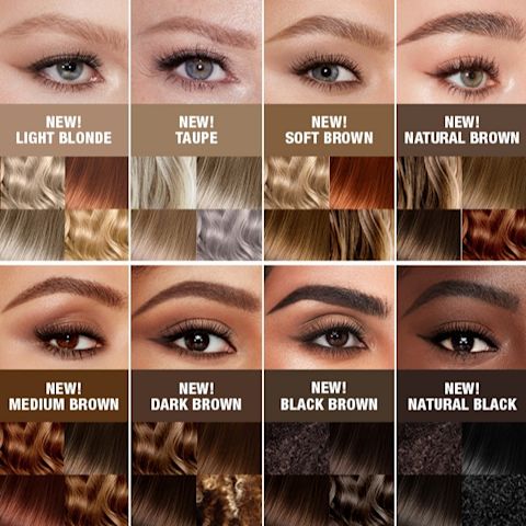 Gros plans sur 8 mannequins aux sourcils définis, comblés et sculptés en blond clair, taupe, brun doux, brun naturel, brun moyen, brun foncé, noir brun et noir naturel.