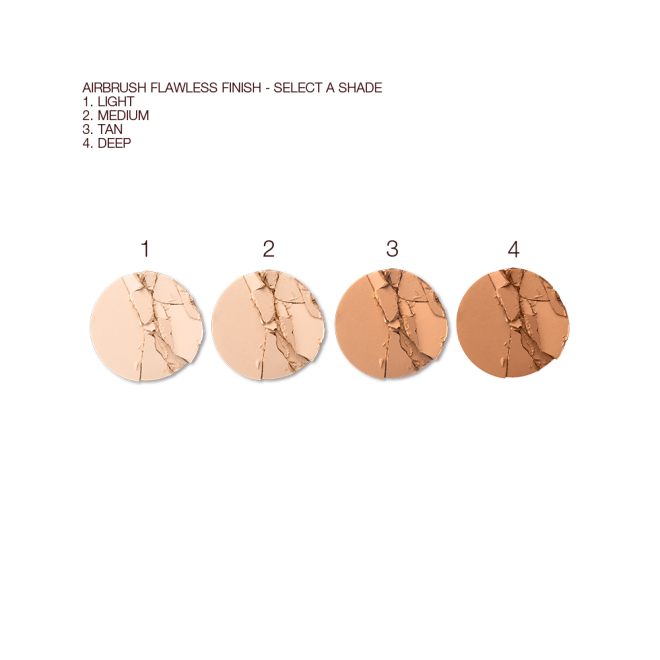 Swatches of four setting powders in shades of cream, light beige, sandy brown, and medium brown. 