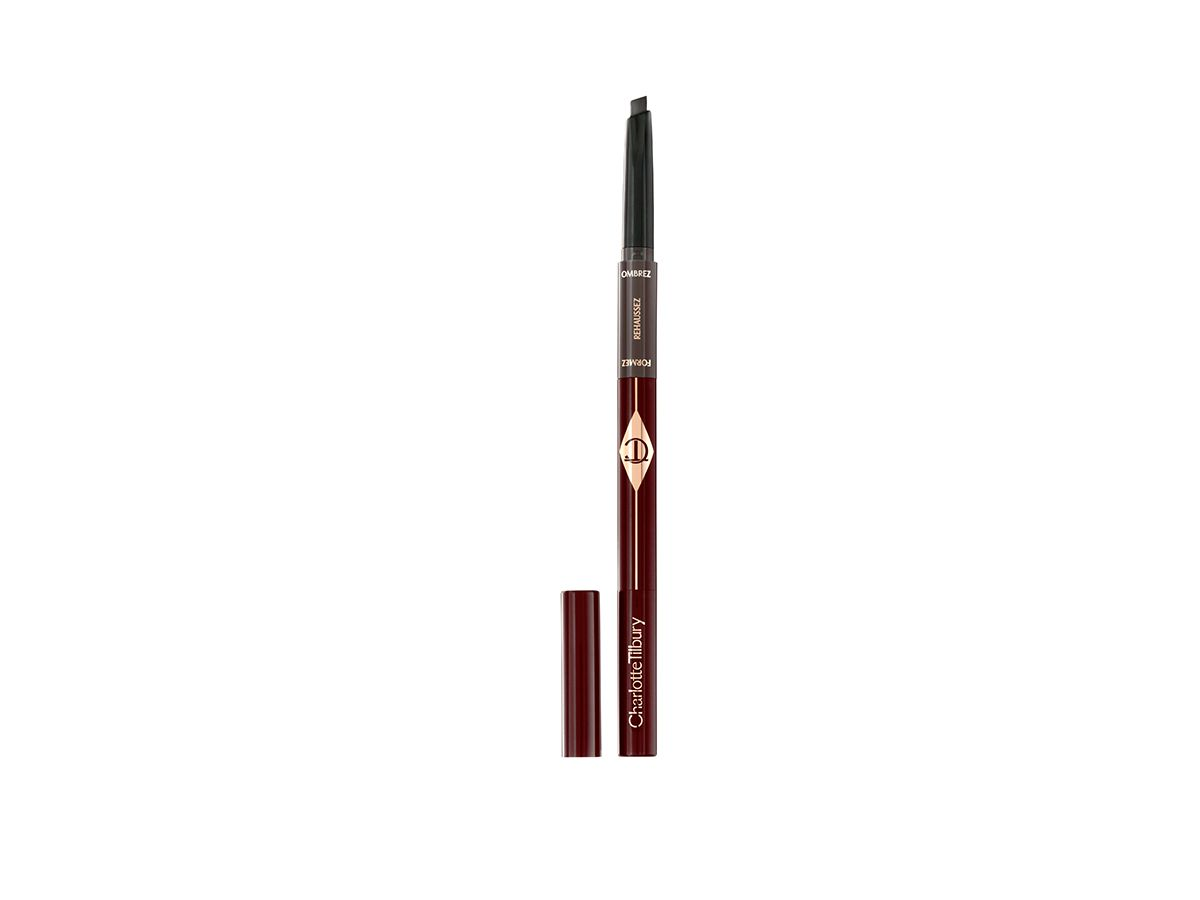 An eyebrow pencil to lift and define the brows in a dark brown shade in maroon and gold-coloured packaging.