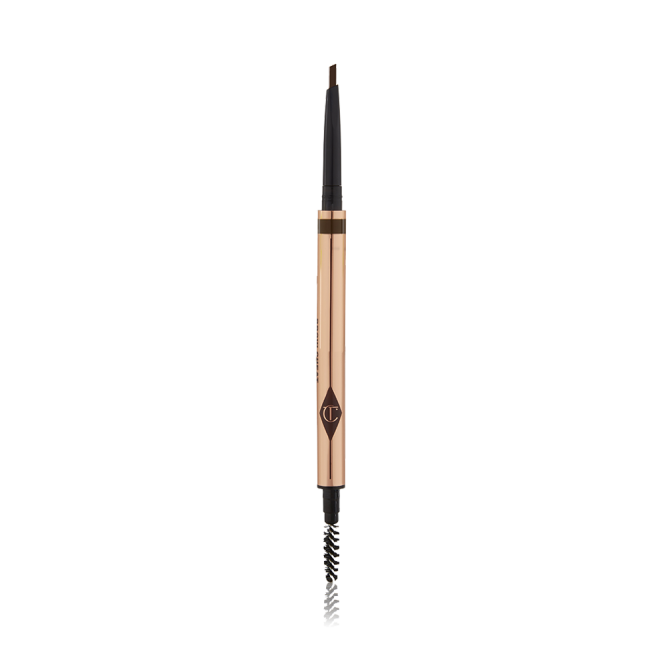 A double-ended eyebrow pencil and spoolie brush duo in a medium-brown shade with gold-coloured packaging.