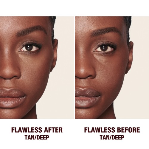 Before and after of a deep-tone model wearing glowy makeup without setting it in the before shot and wearing a radiant, setting powder that brightens, covers blemishes, and makes her skin look fresh. 