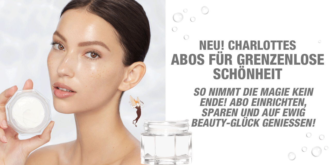 White-coloured banner with a fair-tone brunette model with glowy, glass skin free from any makeup, holding a glass jar filled with pearly-white face cream, with text on the banner that reads, 'New! Charlotte's limitless beauty subscriptions. Keep the magic coming! Subscribe, save, and unlock beauty happiness forever!'