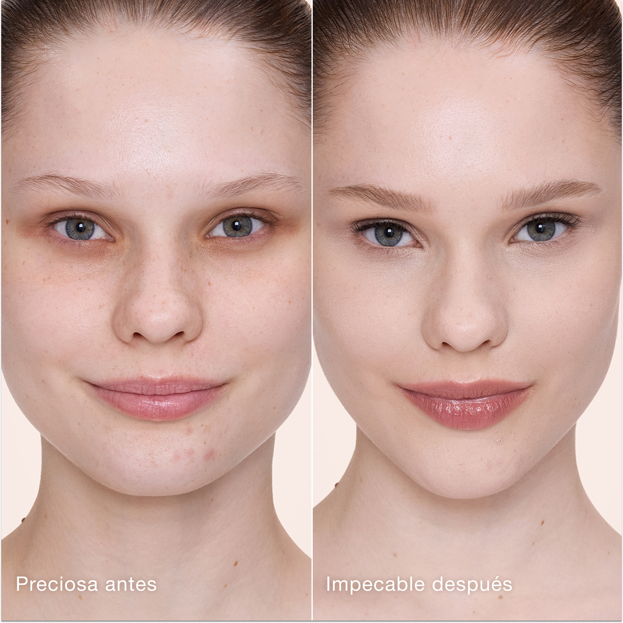 Comparación paralela que muestra la piel antes y después de aplicar el corrector Charlotte Tilbury Airbrush Flawless Concealer con las etiquetas de texto «Preciosa antes» y «Perfecta después».