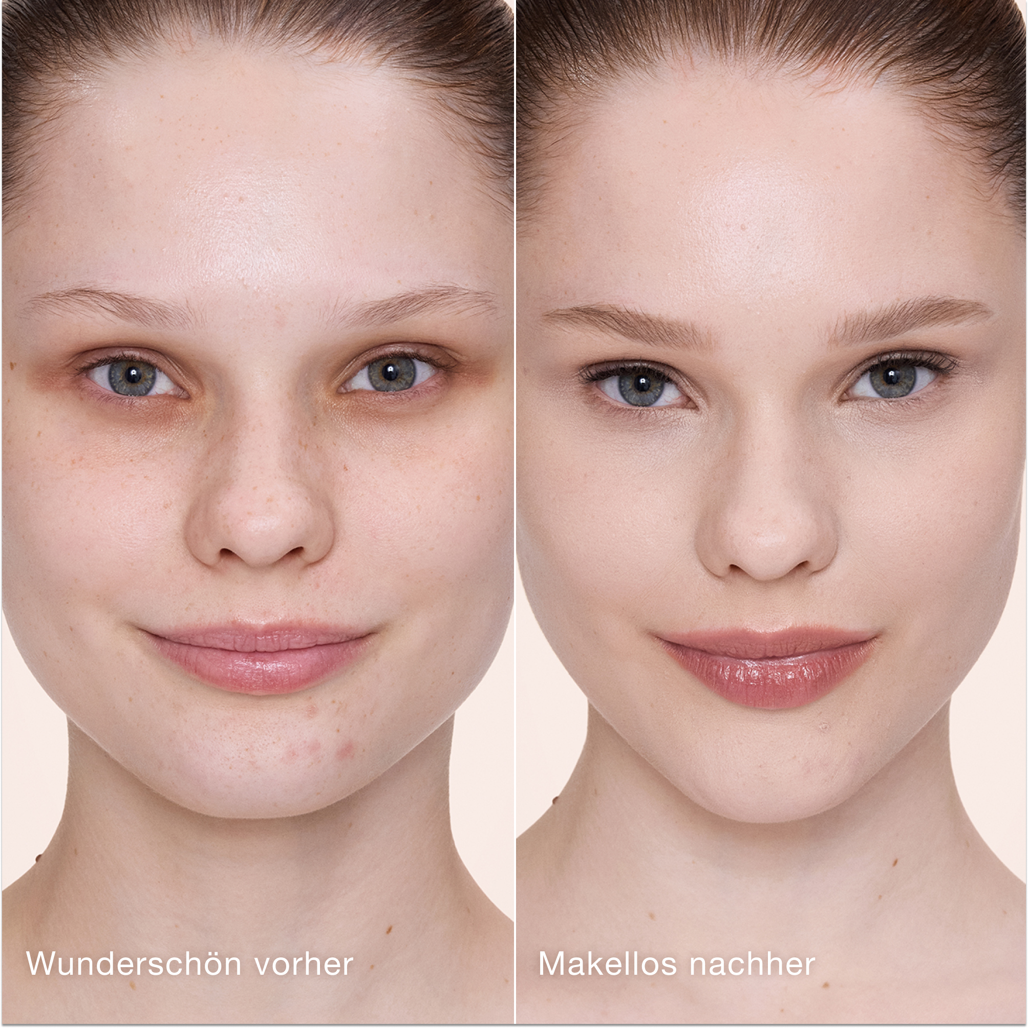 Ein direkter Vergleich zeigt die Haut vor und nach dem Auftragen des Charlotte Tilbury Airbrush Flawless Concealers mit den Beschriftungen „Wunderschön vorher“ und „Makellos nachher“.