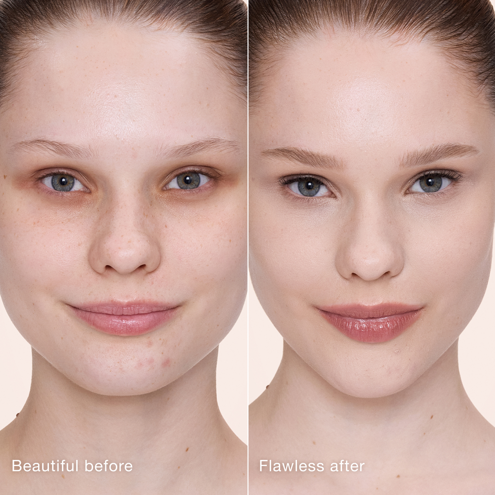 Side-by-side comparison showing skin before and after applying Charlotte Tilbury Airbrush Flawless Concealer, with text labels 'Beautiful before' and 'Flawless after'.