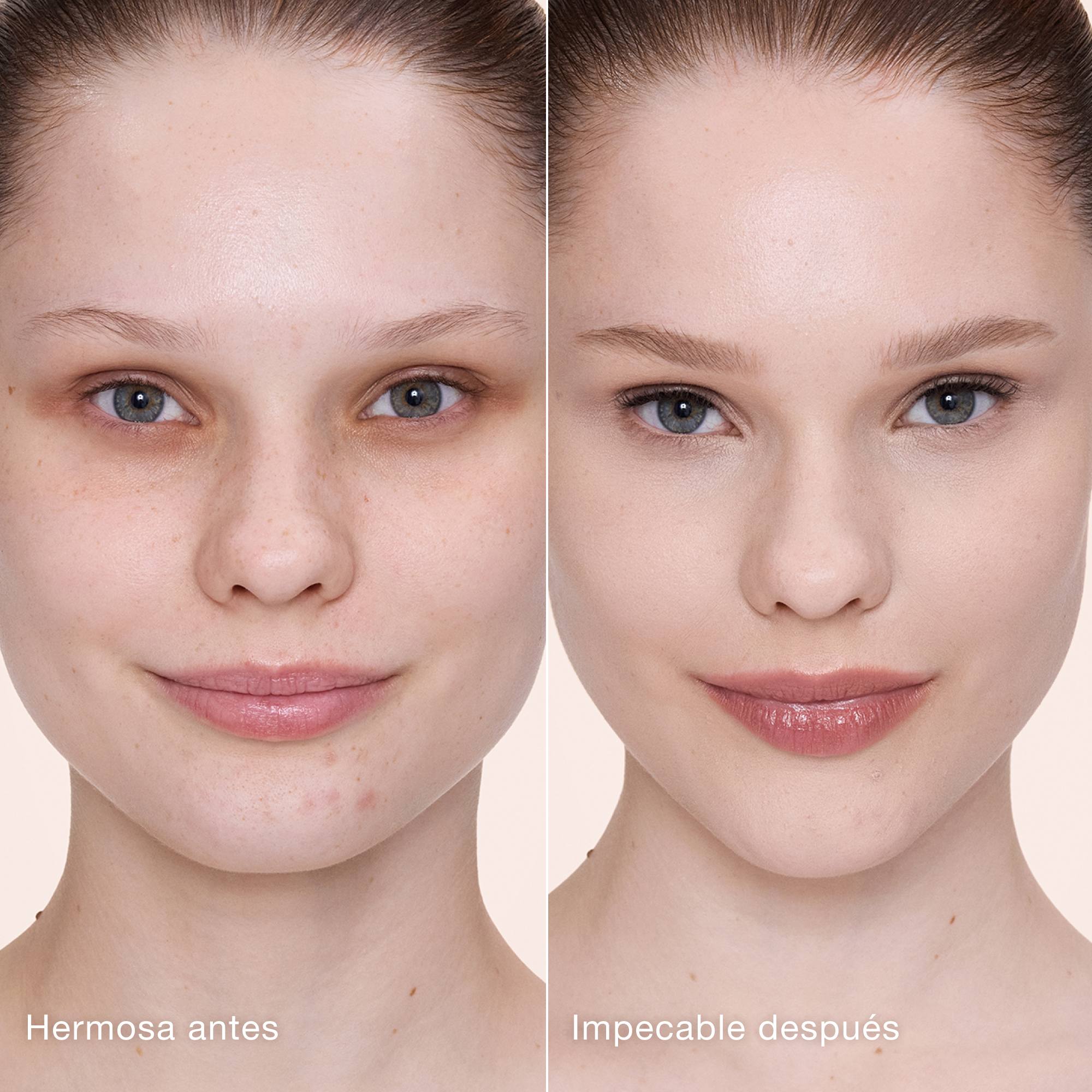 Comparación paralela que muestra la piel antes y después de aplicar el corrector Charlotte Tilbury Airbrush Flawless Concealer con las etiquetas de texto hermosa antes, impecable después.