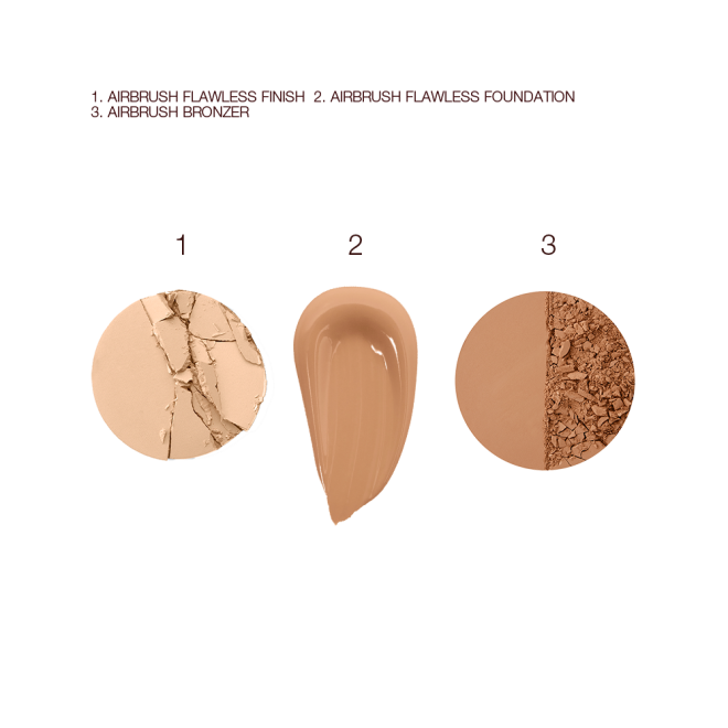 Swatches of a light-tone pressed powder bronzer, light brown creamy liquid foundation, and light brown pressed powder. 