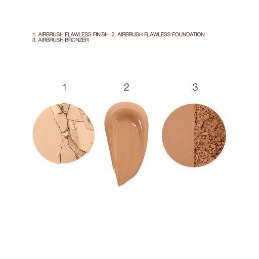 Swatches of a light-tone pressed powder bronzer, light brown creamy liquid foundation, and light brown pressed powder. 