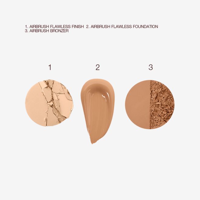 Airbrush Bronzer, Airbrush Flawless Foundation and Airbrush Flawless Finish swatches Swatches of a light-tone pressed powder bronzer, light brown creamy liquid foundation, and light brown pressed powder.