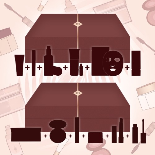 Banner with a brown-red-coloured gift box with illustrations of six skincare and makeup mystery items that are included in it.