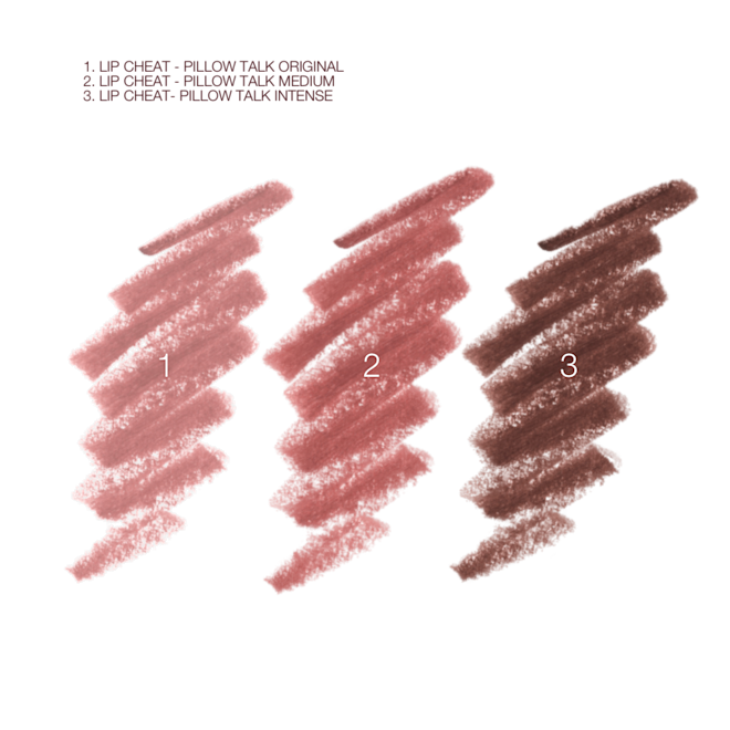 Lip Cheat Lip Liners Pillow Talk swatches Lip liner pencils in nude pink, medium-pink, and dark taupe-y brown.
