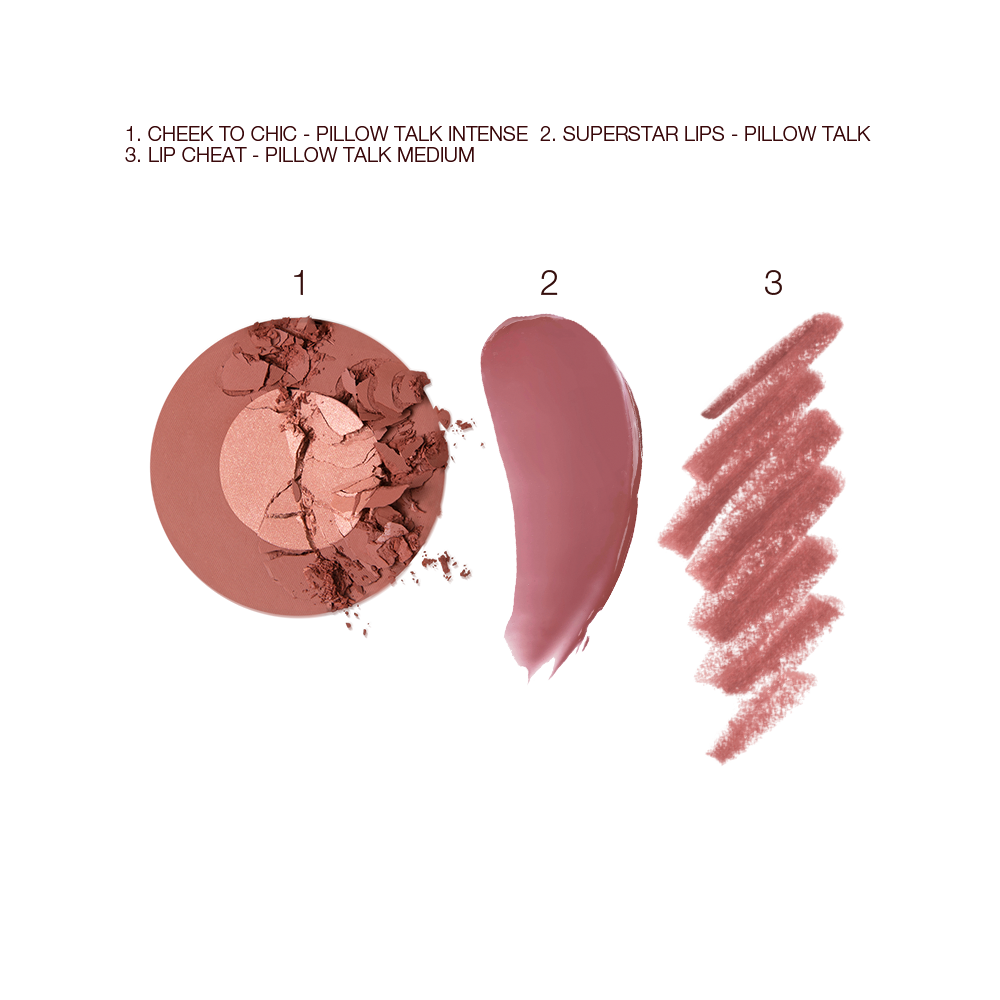 Swatches of a two-tone blush in shades of terracotta and rose gold, a lipstick lip balm in sheer berry-rose shade, and a lip liner in pinkish-brown shade. 