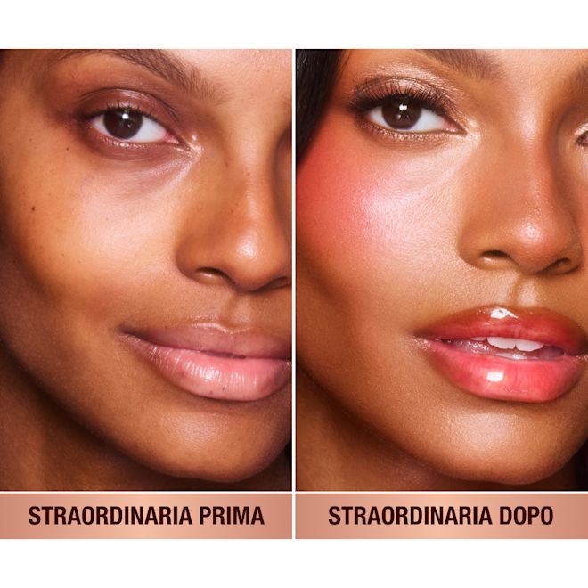 Unreal Blush Cherry Glow prima e dopo Prima e dopo della modella con pelle scura con e senza blush.