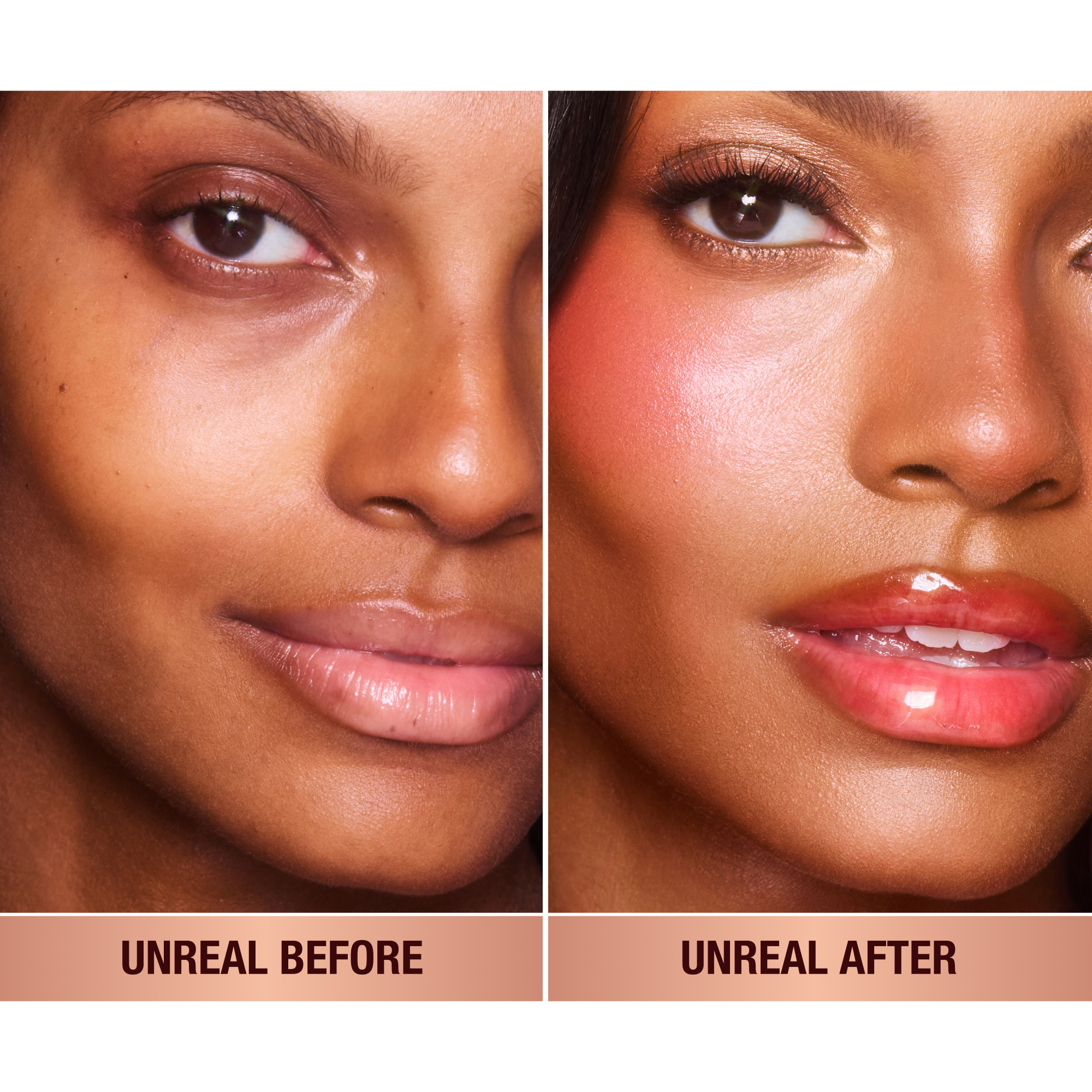 Before and after of tan model with and without wearing the blush. 