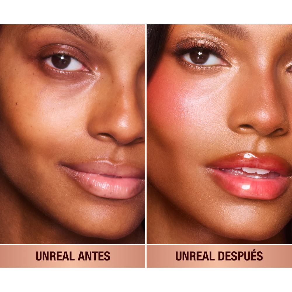 Antes y después de una modelo de piel oscura con y sin colorete. 