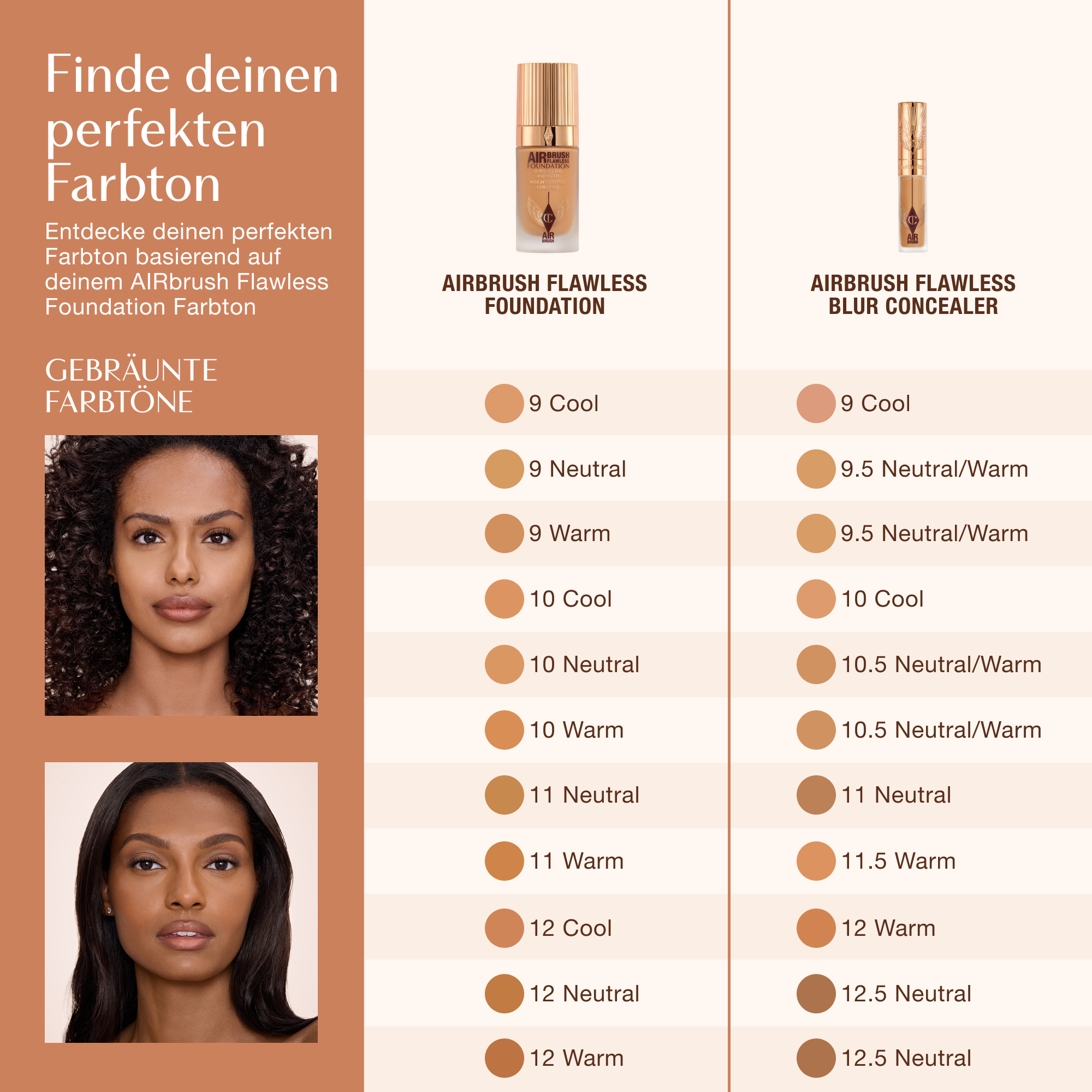 Farbpalette für Charlotte Tilbury Airbrush Flawless Foundation und Airbrush Flawless Blur Concealer, die Tan-Farbtöne von 9 Cool bis 12 Warm mit entsprechenden Concealer-Übereinstimmungen zeigt.